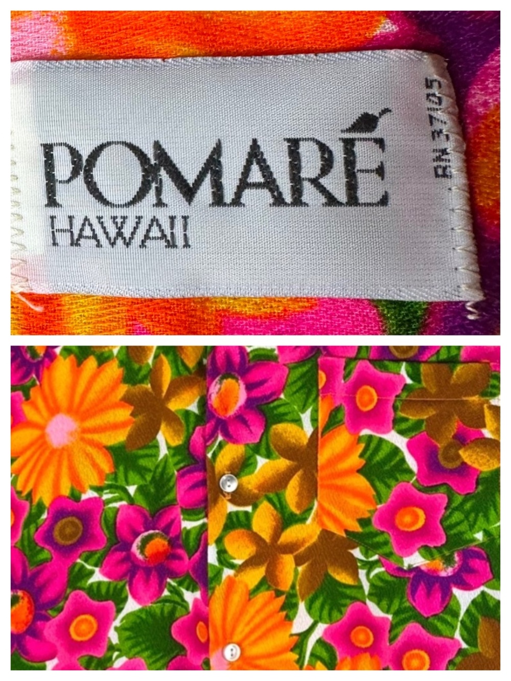 RARE Vtg 60s Pomare Dress Hawaiian Barkcloth Sz Medium Floral Tiki Luau Vibrant - Picture 2 of 3